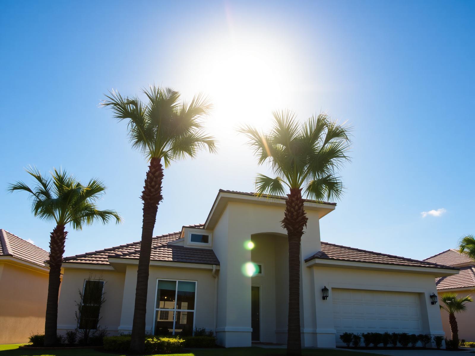 New construction home in Florida with palm trees and blue sky